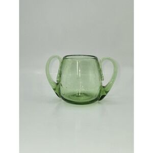 Vintage Jamestown Handblown Green Glass Open Sugar Bowl Applied Handles 3"‎